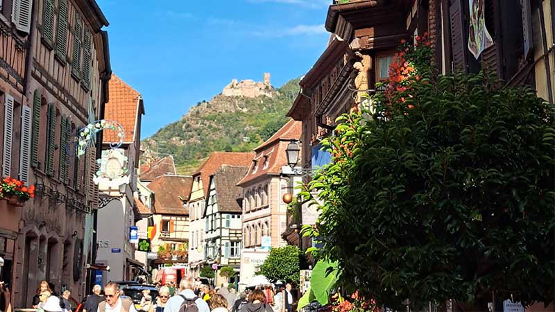 Ribeauvillé centrum på Route des Vins, vinby känd för Riesling vinresa med Tjörnarpsbuss