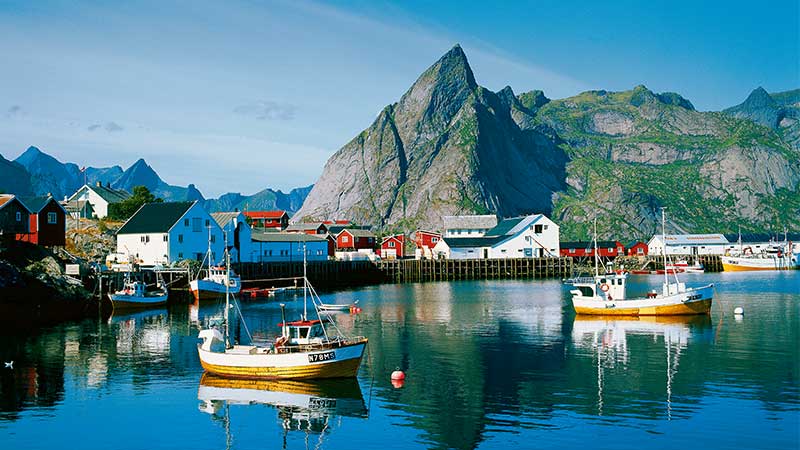 Tjrnarpsbuss vid traditionell fiskehamn i Lofoten  10-dagars bussresa med ishotell och kryssning i Nordnorge