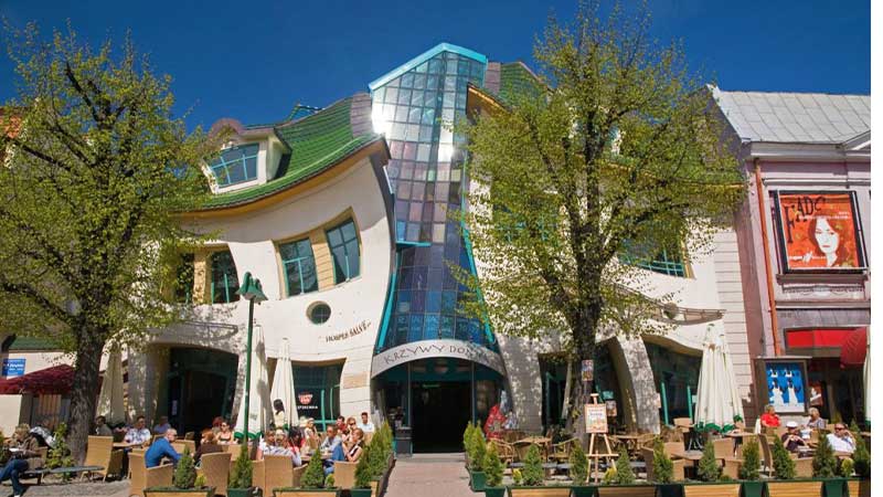 Det Lustiga huset i Sopots centrum, Krzywy Domek med bljande fasad. Se det med Tjrnarpsbuss under er Polenresa