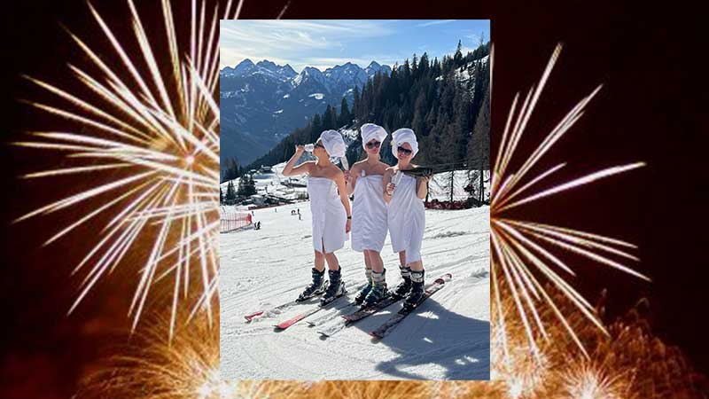 Nyrsfirande med Tjrnarpsbuss i Saalbach sterrike  festligt  och bubbel i skidbacken