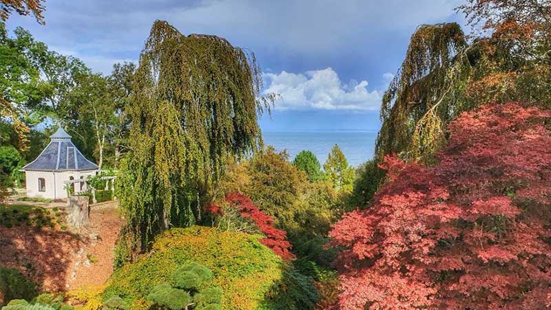 Norrvikens trädgårdar med utsikt över ravinen och havet.